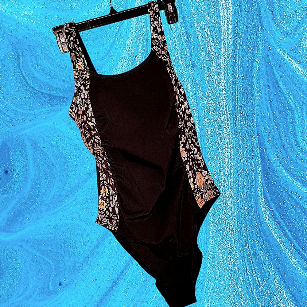 New One Piece Slimming Side Panels Floral Black Meduim
